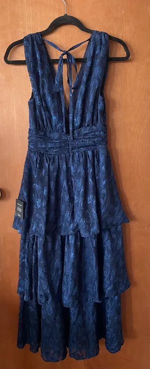 Lulus Make It Mesmerizing Navy Blue Jacquard Tiered Midi Dress thumbnail 4