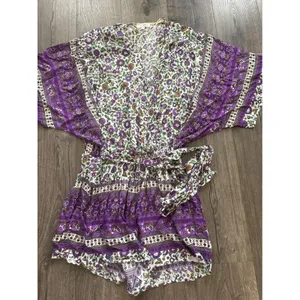 Umgee Womens 1XL Purple Floral Boho Kimono Sleeve Romper Surplice V-Neck thumbnail 2