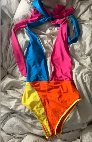 LG neon color block low V neck one piece swimsuit thumbnail 1