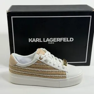 Karl Lagerfeld Paris Size-7 Cate Lace Up Sneaker White Gold Woven thumbnail 1