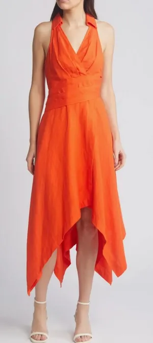 En Saison Midi Dress Womens Medium Orange Linen‎ Resort Summer Lightweight thumbnail 1