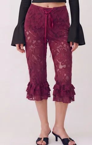 ROMWE Burgundy Grunge Fairy Sheer Lace Ruffled Bell Bottom Bloomer Pants cropped thumbnail 1