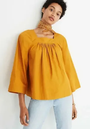 Madewell Blouse Square Neck Mustard Flared Sleeves Boho SZ L #2637 thumbnail 1