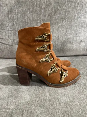 Jeffrey Campbell Climber Bootie Size 7.5 Brown Suede Ankle Bootie Brass Clips thumbnail 5