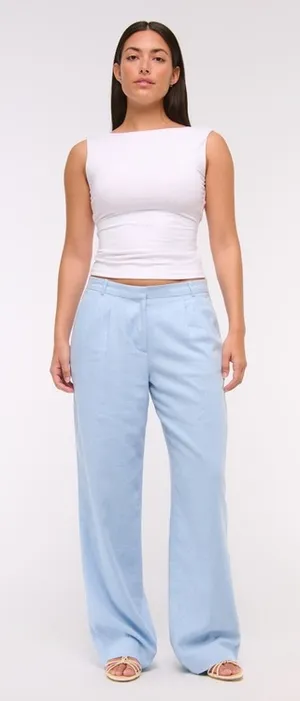 Abercrombie Curve Love Sloane Low Rise Wide Leg Tailored Linen Pant 32L Sky Blue thumbnail 1