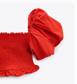 ZARA Top Bubble Sleeve Red Cropped  thumbnail 4