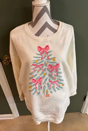 Holiday Time Cream Crewneck Sweatshirt with Pink Bow Tree Graphic thumbnail 1