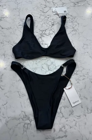 NWT Quince Black Italian Plunge Bikini Top & High-Leg Ring Bikini Bottom Set Med thumbnail 1