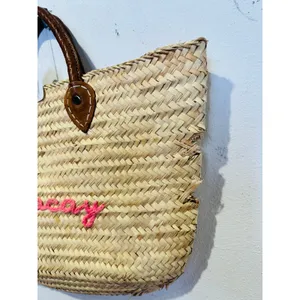 POOLSIDE Woven Straw Open Tote Pink “VACAY” Text Leather Handle Tote Purse thumbnail 6
