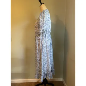 Blue White Floral Leopard boho Ruffle Midi Dress Puff Sleeve M y2k resort dainty thumbnail 3