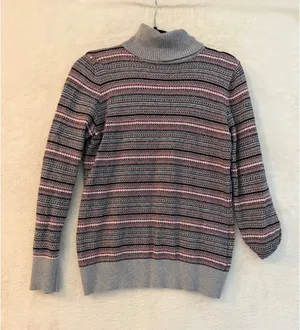 LL Bean Turtleneck Sweater Womens Medium Cotton Cashmere Fair Isle Stripe Grey thumbnail 1