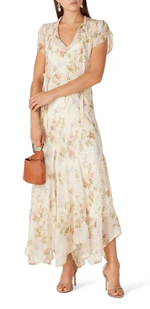 Polo Ralph Lauren Ivory Garden Floral Print Tie Neck Chiffon Maxi Dress Size XS thumbnail 1