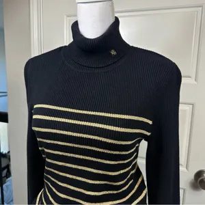Lauren Ralph Lauren Y2K Gold Metallic Striped Classic Long Sleeve Sweater Large thumbnail 3