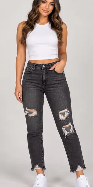 Women's High-Rise Straight Leg Ripped Jeans in Washed Black thumbnail 1