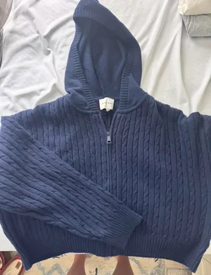 Cable Knit Navy Cropped Zip Up thumbnail 1