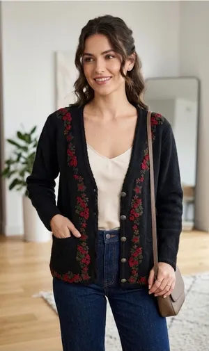 VTG Crystal Kobe Wool Floral Embroidered Black Knit Cardigan Antique Button Smal thumbnail 1