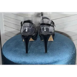 Stuart Weitzman Black Patent Leather Heels straps buckle closure platform Sz 10 thumbnail 4