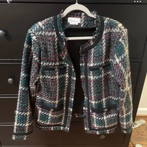 Anthropologie Plaid Bouclé Collarless Jacket in Teal, Black, White, Pink thumbnail 2