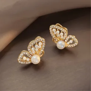 Gold Butterfly Stud Earrings for Women,White Pearl Earrings,Butterfly Earrings thumbnail 1