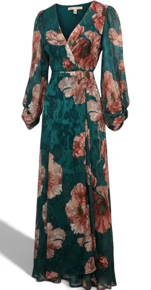 Hutch Maxi Dress Womens XXS Faux Wrap Teal Green Floral Balloon Sleeve EUC thumbnail 1
