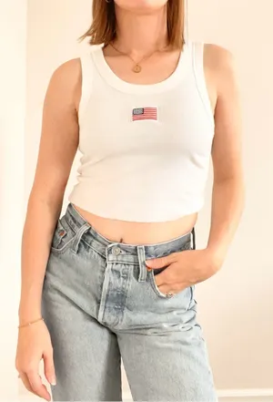 Universal Thread White Ribbed Cut Off Cropped Tank Top with American Flag Patch thumbnail 1