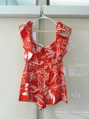 These Three Boutique Flying Tomato Orange Tropical Print Romper thumbnail 2