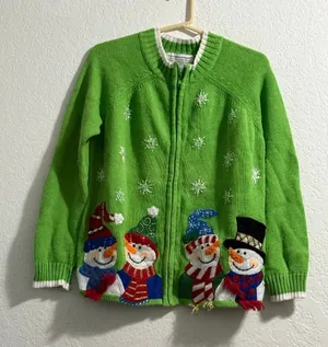 Tiara International Size M Green Christmas Sweater Snowmen Embellished Zip Front thumbnail 1