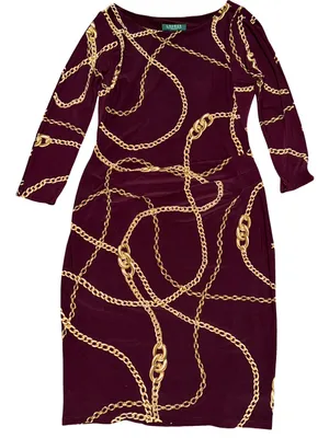 Lauren Ralph Lauren Women’s Size 6 Burgundy Gold Chain Link Print Sheath Dress thumbnail 2