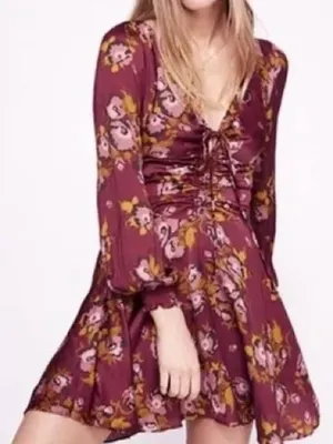 Free People $128 Morning Light Purple Plum Fall Floral V-Neck L/S Mini Dress 8 thumbnail 1