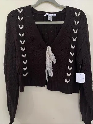 NEW Altar’d State Brown Ribbon Lace Sweater Cardigan Size XXL NWT thumbnail 3