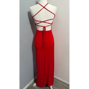 Red High Neck Maxi Dress S Halter Open Back‎ Lace Up Strappy Bodycon Formal Gown thumbnail 4