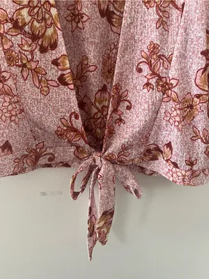 Pink Floral Wrap Front Kimono Sleeve Top Large Resort Vacation Tropical Blouse thumbnail 4