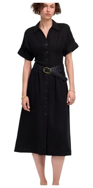 Madewell Black Linen Midi Shirt Dress‎ Button Front Size M Chic Feminine Classic thumbnail 1