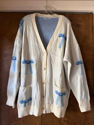 Miss Sparkling Ivory Blue Bow Cardigan Oversized V Neck Knit. Size L thumbnail 2