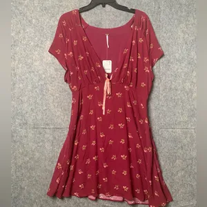 Free People Women Size Large Floral Boho Tie-Detail Mini Tea‎ Dress Earth Red thumbnail 2