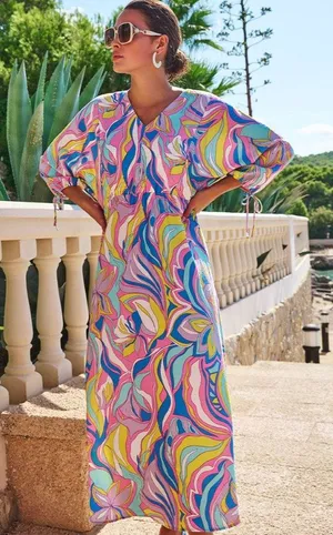 Esqualo Colorful Abstract Print V-Neck Tie-Sleeve Midi Dress Ocean Flower Size 6 thumbnail 1