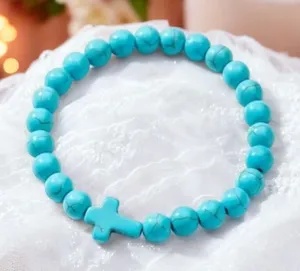 Lovely Faith Vintage-Inspired Turquoise‎ Beaded Bracelet with Cross Pendant thumbnail 1