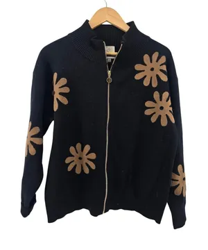Sioni Cardigan Sweater Womens Large Daisy Floral Full Zip Mock Neck Black EUC thumbnail 1