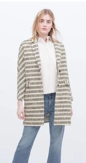 Zara Basic Womens Medium Striped Tweed Blazer Coat Black White Beige Cotton Mix‎ thumbnail 1