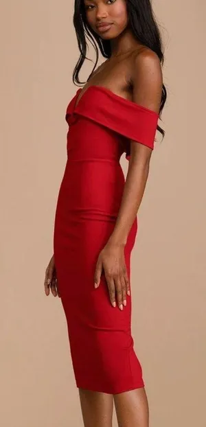 Lulus My Favorite Night Red Off-the-Shoulder Bodycon Midi Dress SMALL thumbnail 2