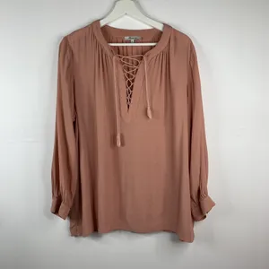 Madewell Size M Blouse‎ Lace Up Front Detail Long Sleeve Dusty Rose Top Women thumbnail 5