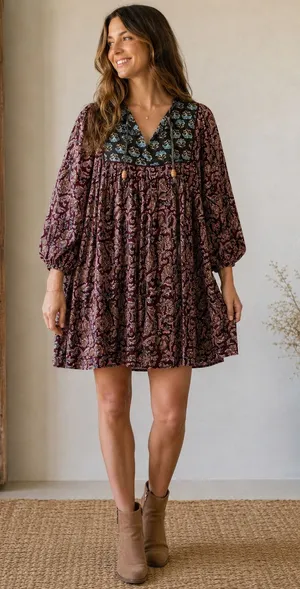 Natural Life Dara Floral Boho Bohemian Tunic Peasant Flowy Babydoll Mini Dress thumbnail 1