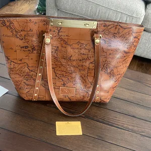 Patricia Nash Benvenuto Italy Map Brown Leather Antique Brass Xlarge Tote Bag thumbnail 9