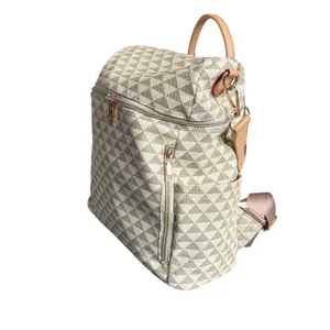 Geometric Print Convertible Backpack Bag Travel Tote Cream Taupe thumbnail 3