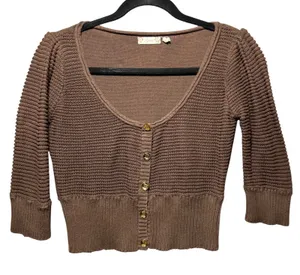 Y2K Guess‎ Brown Cotton Knit Cropped Cardigan Gold Button Scoop Neck L thumbnail 1