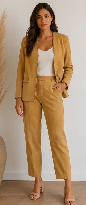 Terry Lewis Classic Luxuries Suede‎ Leather Pant Suit Blazer Set Camel Tan Sz L thumbnail 1