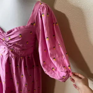 Farm Rio Pink Linen Embroidered Pineapples Tiered Midi Dress SMALL thumbnail 5