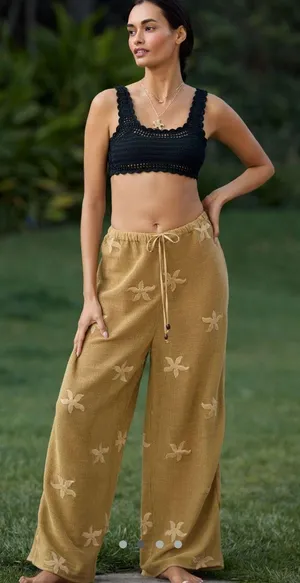 Anthropologie Light brown embroidered textured pants thumbnail 1