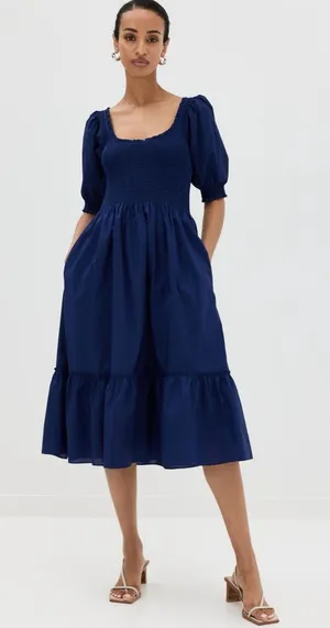 Hill House Home The Louisa Nap Dress S Navy Cottagecore Smocked Puff Sleeve NWT thumbnail 1