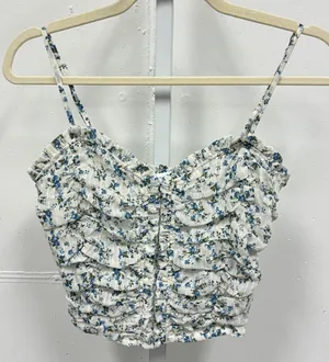 Altar'd State Ivory Blue Floral Ruched Smocked Crop Cami Top Small Romantic thumbnail 1